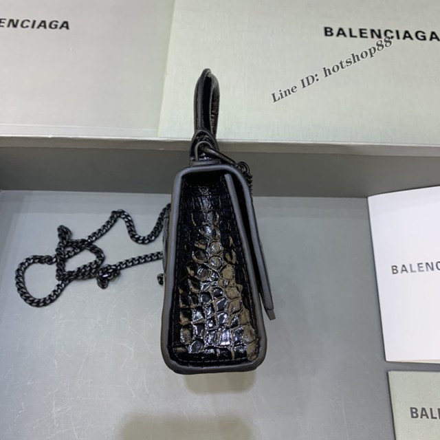 Balenciaga專櫃爆款mini Hourglass沙漏包 巴黎世家鱷魚紋黑色黑扣超迷你號手提肩背女包 fyj1555